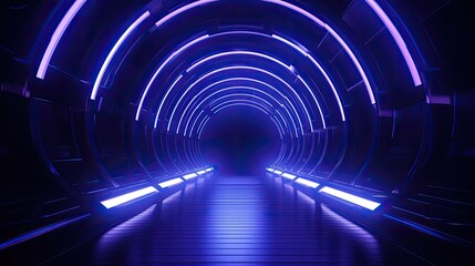 3d rendering of a futuristic tunnel with glowing blue neon lights. the tunnel is made of dark metal 