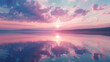Soft clouds in shades of pink and lavender are mirrored in the still waters of the lake creating a picturesque sunset scene.
