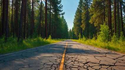 A crack on the asphalt of an old road leading into a green summer forest.