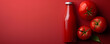 A bottle of ketchup and a tomato on a red background. Popular condiment for burgers and fries. Top view space to copy.