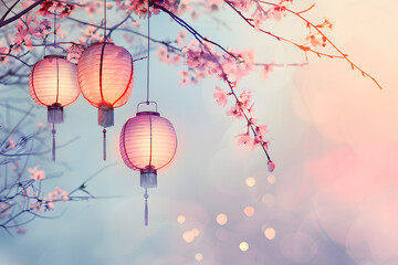 Wall Mural - Japanese lanterns with sakura tree background.