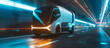 futuristic electric logistics company van driving down the road