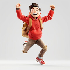 Young cute happy funny smiling guy in a red sweatshirt, brown jeans, backpack, hands in a fist, jumping up, isolated,