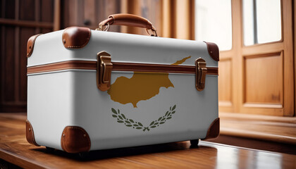 Old suitcase with flag of Cyprus on wooden background.