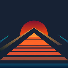 Wall Mural - Retro background with laser grid, abstract landscape mountain with sunset and star sky. Vaporwave, synthwave 80s cyberpunk style illustration. Minimal template for poster, flyer,  music cover 