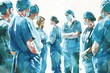 oil painting illustration of group of doctors in scrubs in the style of colorful ink wash paintings and fluid watercolor washes, medical team collaboration and communication in healthcare industry