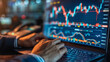 Gros plan d'un écran d'ordinateur montrant une courbe, trading et cours du marché en temps réel, outil d'analyse financier et de reporting