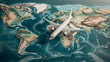 Commercial airplane flying over a 3D map. International flight concept with a detailed world map. Global air travel represented by a plane over a raised-relief map.