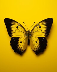 A butterfly with yellow and black wings on a yellow background in a minimal style