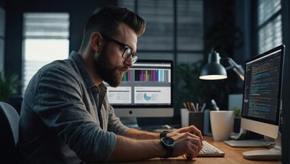 Programmer, web developer, designer working at office comparing mobile and desktop website versions