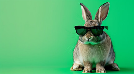 Stylish Rabbit Wearing Sunglasses on Green Background