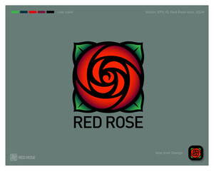 Wall Mural - Rose logo as colored glass, stained glass. Red rose and green leaves. Identity, app icon.