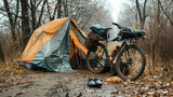 Fototapeta Konie - Bicycle Parked Next to Tent in Woods