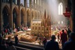 Diorama of a majestic cathedral, showcased within the grand confines of an actual cathedral. The exhibit, bathed in sunlight, attracts a large audience