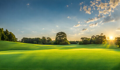Wall Mural - wide lawn trimmed with precision under a blue sunny sky