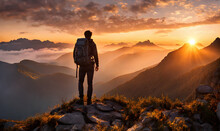 Backpack-clad Traveler Standing Atop A Mountain, Overlooking A Panoramic Vista In The Late Afternoon
