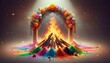 Illustration of vibrant scene for holika dahan with a large bonfire and colorful powders.