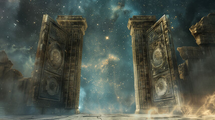 a massive gate with carvings of constellations and stars, serving as the celestial portal to the uni