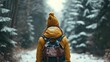 A woman wearing a hat and backpack in a snowy forest, hiking and winter travelling by foot, adventure concept.