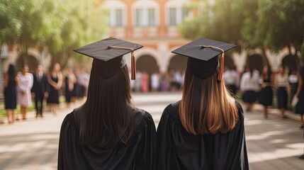 Two female graduates in cap and gown stand with their backs to the camera.