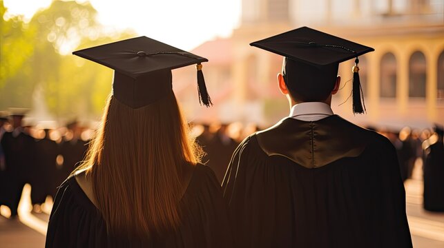 Two people in graduation caps and gowns stand with their backs to the camera. One has long hair and the other is wearing a white stole.