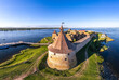Europe. Russia, Leningrad region, St. Petersburg, Aerial panoramic view on fortress Oreshek near Schlesselburg town. Ancient Russian fort on island in Ladoga lake in sunny summery day