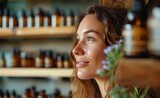 Fototapeta Młodzieżowe - Hopeful Woman in Natural Health Store - Reflecting Wellness and Organic Lifestyle Choices