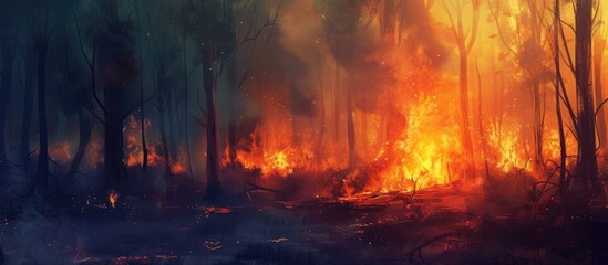 Wall Mural - A raging fire burns through a dense forest, consuming countless trees and emitting thick smoke. The intense heat distorts the surroundings, while burning gases create intense evaporation.