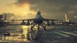 Air military bombers perfoming taxiing on the runway and waiting to take off from the airbase in Russia. Air fighters staying on the airstrip of base. AI generated illustration