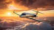 A sleek private jet flies high above the clouds, its silver and gold exterior gleaming in the sunlight.