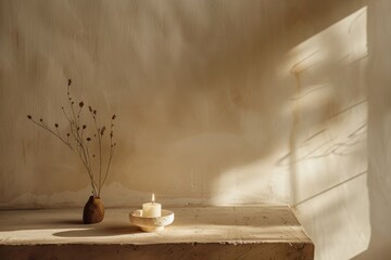 Aufkleber - A warm, ambient interior scene featuring a small candle next to dried flowers in a vase, evoking serenity