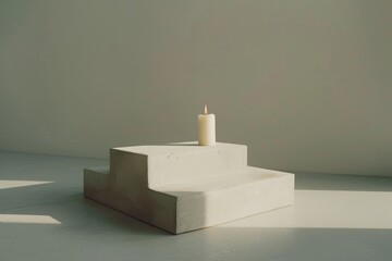 Aufkleber - A single candle stands elegantly atop a minimalist geometric platform, casting soft light on a plain wall