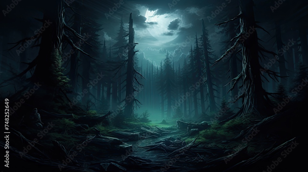 A dark and mysterious forest with a full moon shining through the trees ...