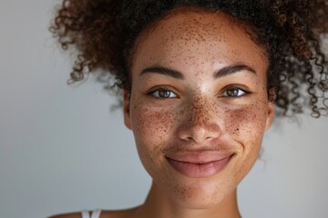 Photo of a smiling young woman with curly hair and natural freckles in a candid moment