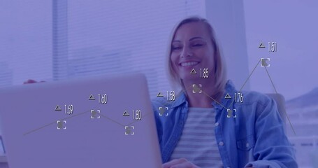 Sticker - Animation of financial data processing over caucasian businesswoman using laptop in office