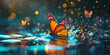 Colorful butterfly splashing out of water Multi colored butterfly flies among vibrant nature beauty with golden sparkles background and wallpaper