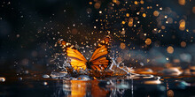  Butterfly Nature Designs With Splashing Out Of Water  A Surreal Scene Of A Butterfly Garden At Night, With Bioluminescent Butterflies Fluttering Around Luminous Flowers And Water And Sparkles Backgro