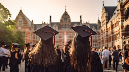 Wall Mural - Two female graduates in caps and gowns stand with their backs to the camera, looking out at a university campus.
