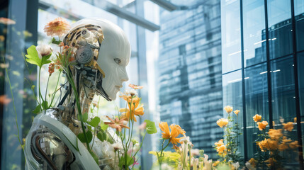 portrait of a cyborg robot on the background of a glass building, modern technology, machine, virtual reality, flowers, transparent, metal, head, digital android