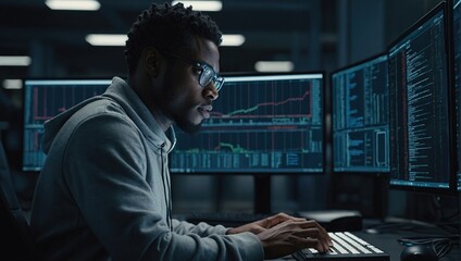 Computer programmer working on a laptop in office
