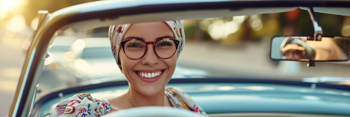 Wall Mural - elegant smiling lady in a dress, scarf and glasses in an open cabriolet, woman, girl, style, beauty, vacation, car, road, driver, transport, travel, retro, vintage, trip, leisure, luxury