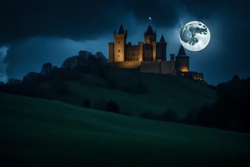 Wall Mural - Gothic castle on a hill, under a moonlit,