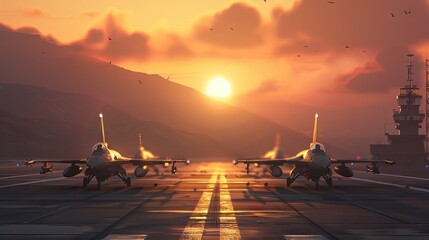 Wall Mural - military fighter jet aircrafts parked on runway standby ready to take in sunset. AI generated illustration
