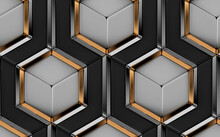 3D Tiles Made Of White And Black Elements And Gold With Silver Metal Decor