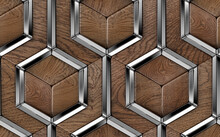 Luxury 3D Tiles Made Of Solid Precious Wood Elements And Silver Chrome Metal Decor Elements