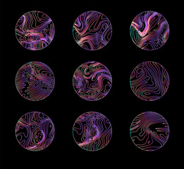 Wall Mural - Set of elegant holographic circles with psychedelic wavy pattern in neon bright colors.