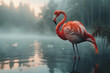 A graceful flamingo with a pink feather and a curved beak standing on one leg in a lake.