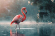 A graceful flamingo with a pink feather and a curved beak standing on one leg in a lake.