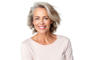 Wall Mural - Studio portrait of a beautiful old mature Caucasian Americana woman in casual look with an attractive smile, isolated on transparent png background