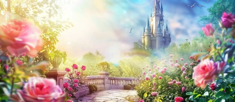 wonderland with roses and an old castle